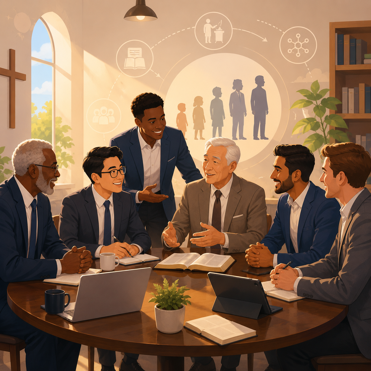 Generational collaboration in a bright meeting space